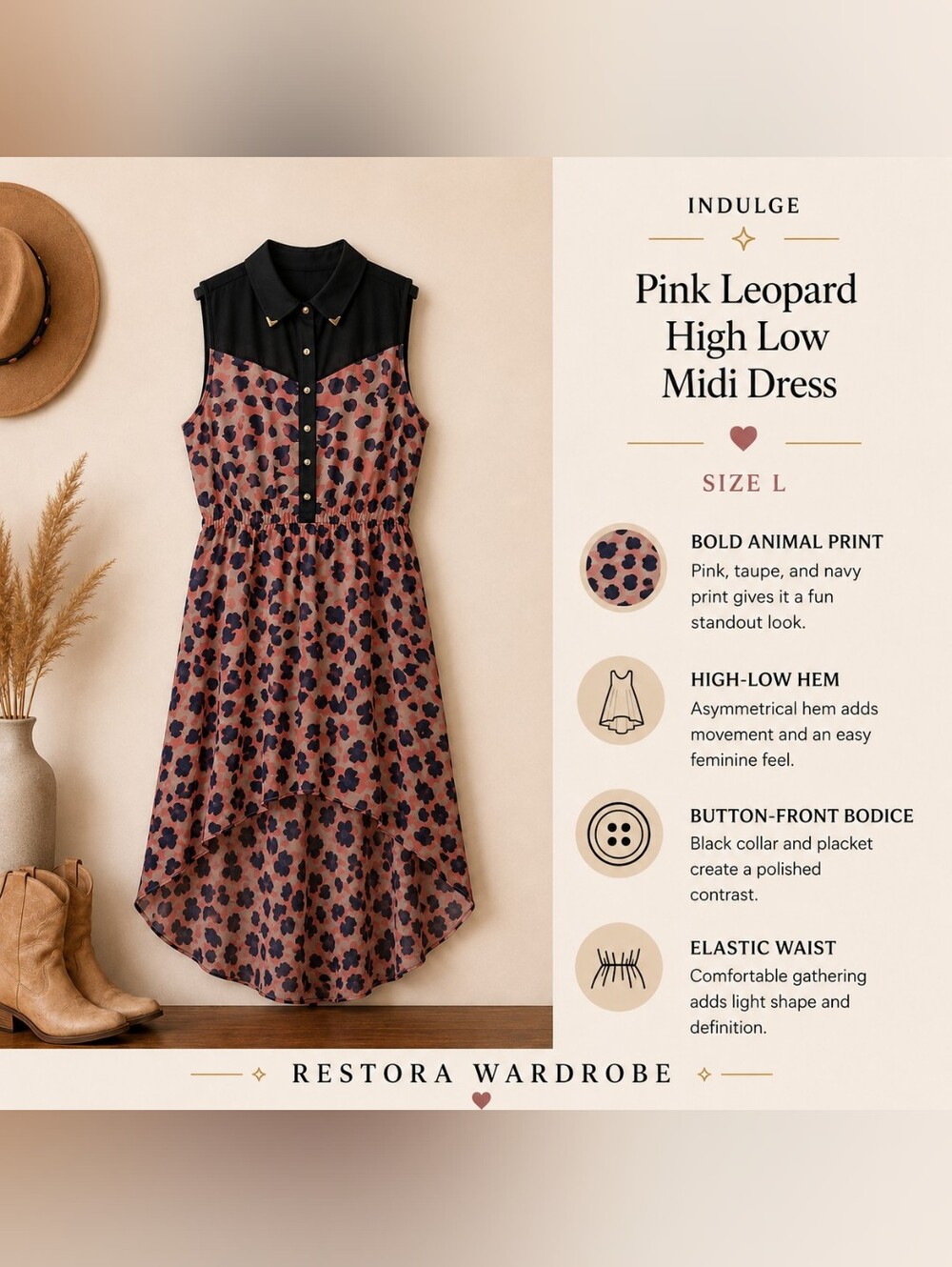Indulge Pink Leopard Print High Low Dress Size L Sleeveless Button Front